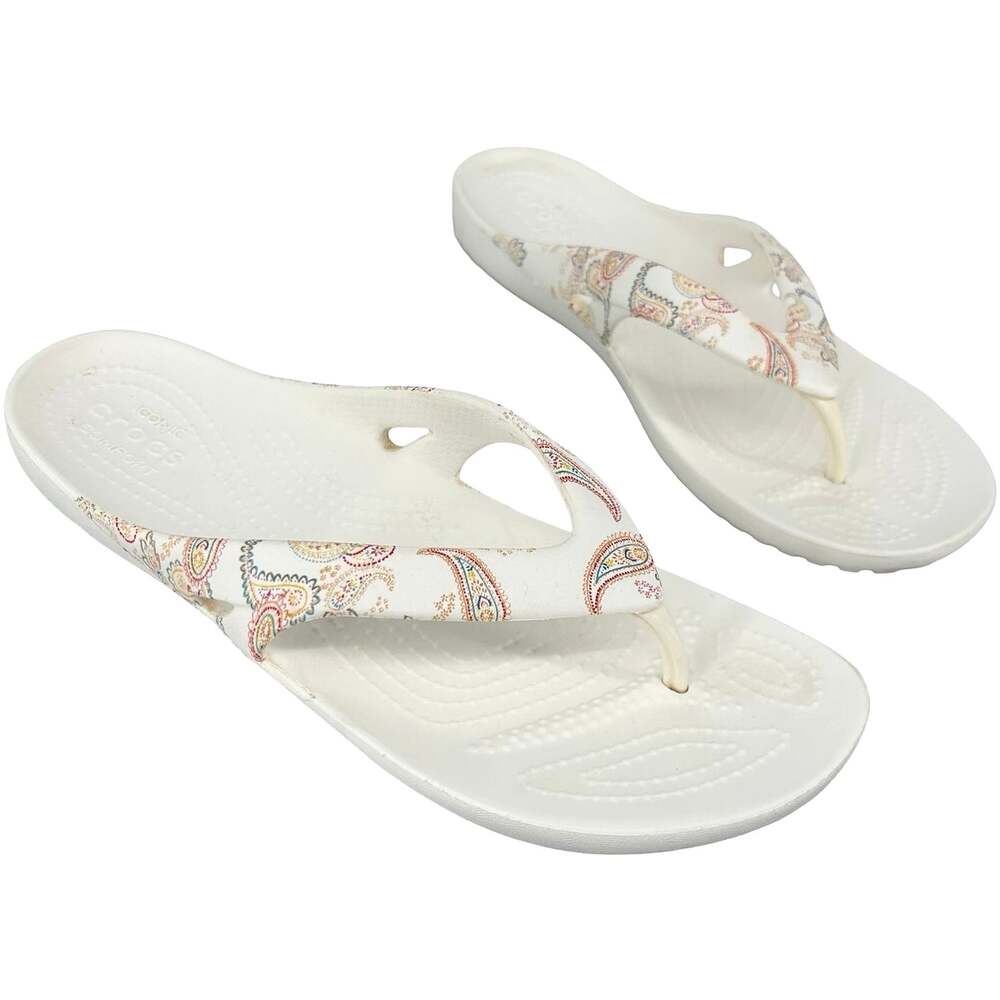 Women's White Paisley Floral Crocs Kadee II Graphic Thong Flip Flops Sz 8